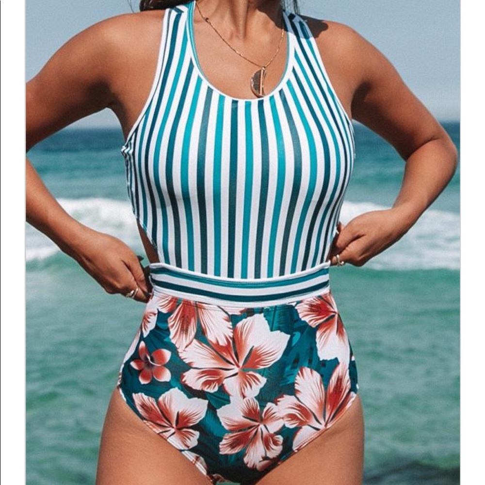 beachsissi Stripe & Flower Print Back Tie 1 Piece